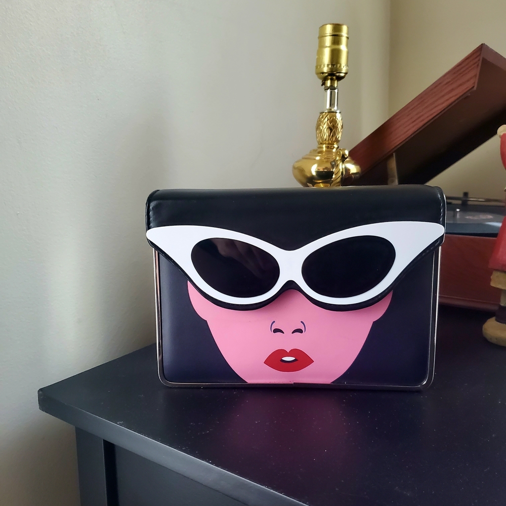 Graphic Face Clutch with White Sunglasses Design